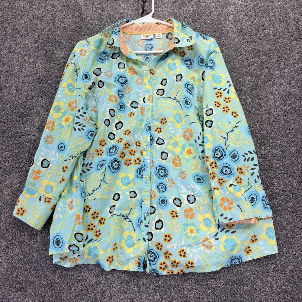 Cato Shirt Womens 14/16W Blue Floral Long Sleeve Button Up Tunic Plus Cotton
